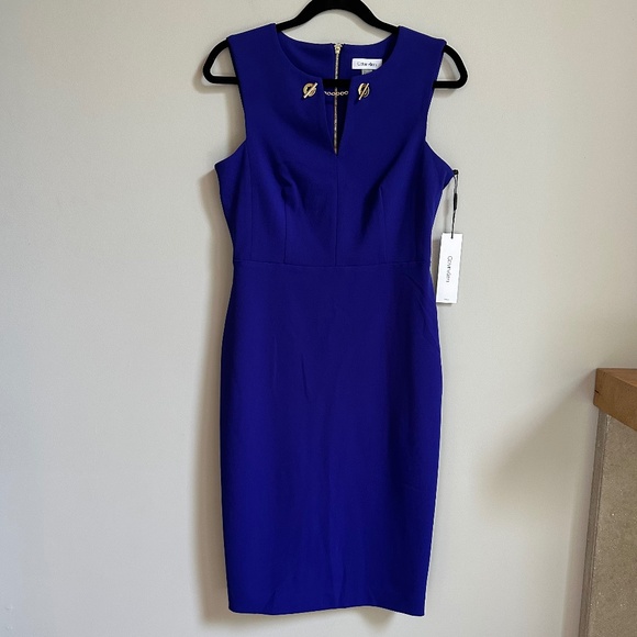 NWT Calvin Klein Blue Sleeveless Sheath Dress with Gold Hardware - Picture 1 of 8